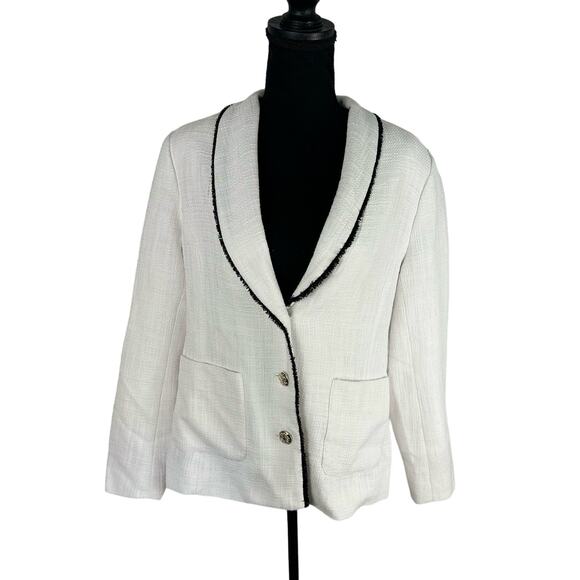 QVC Susan Graver Tweed Shawl Collar Blazer w/ Fray Trim White/Black NWOT Size 14 - Picture 2 of 8